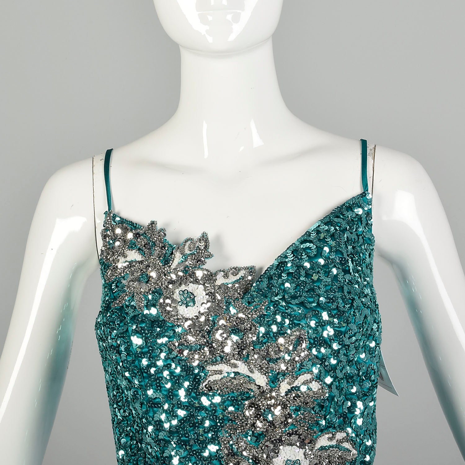 Small 1980s Mike Benet Teal Sequin Maxi Gown Formal