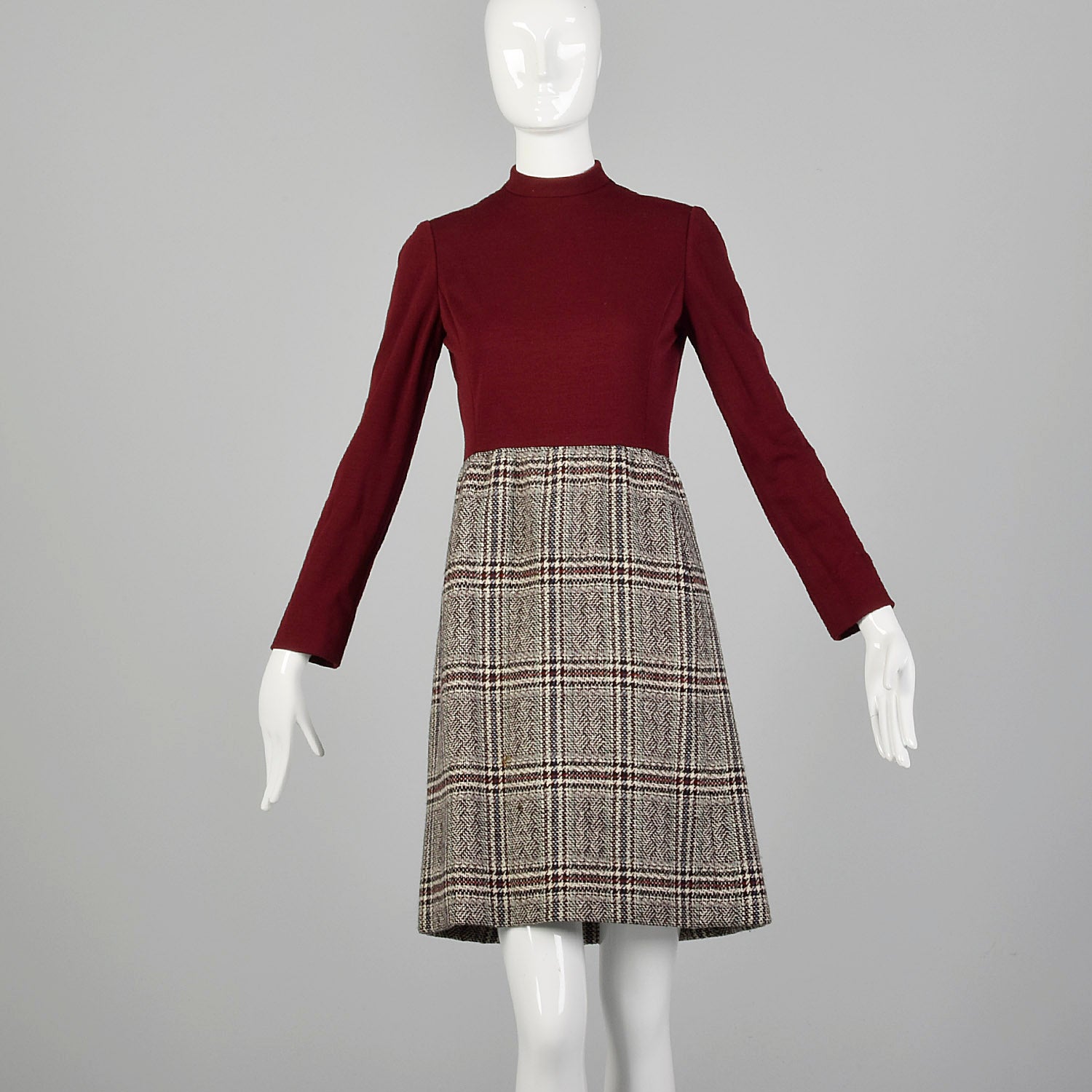 Small 1960s George Halley Tweed Dress Set Knit Bodice Woven Skirt Jacket Autumn Long Sleeve Outfit