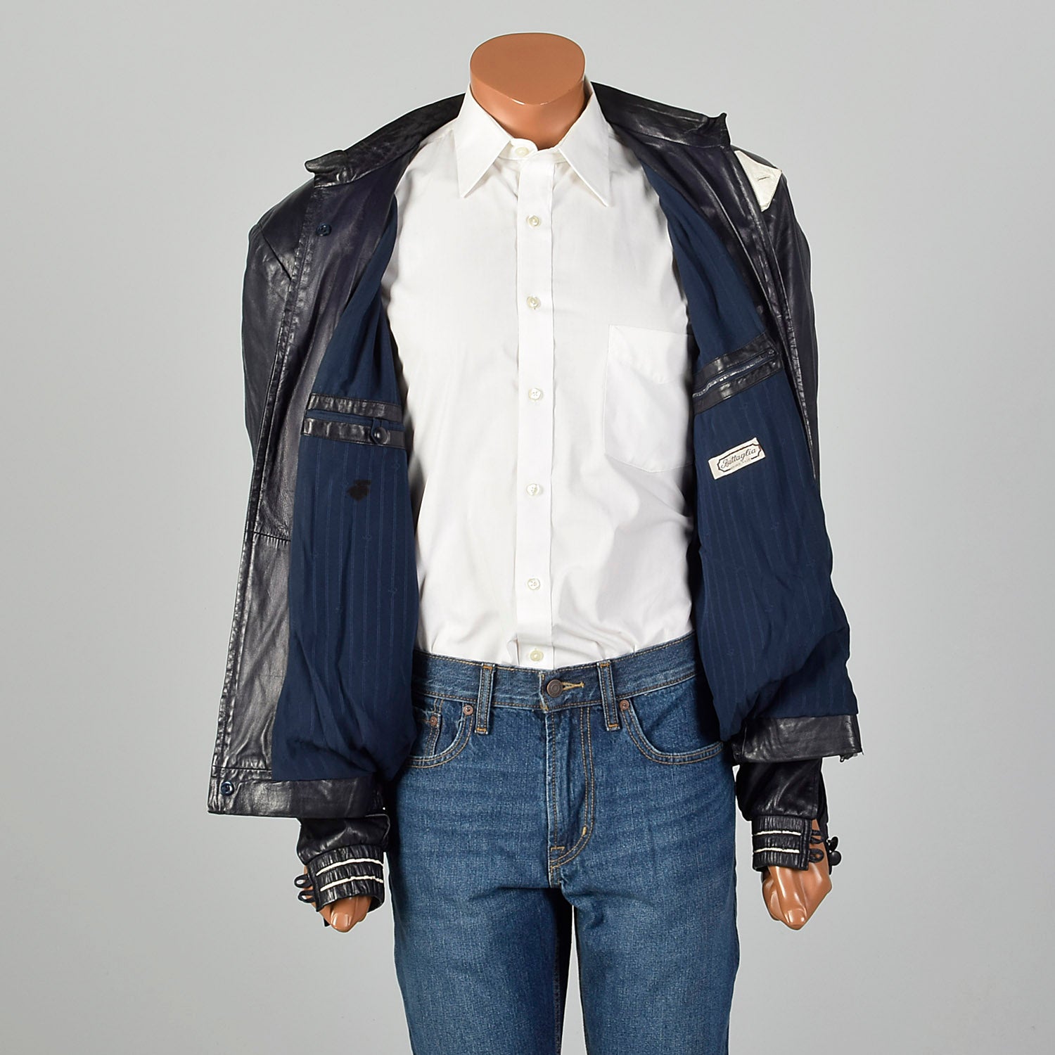 Large Battaglia 1980s Rockabilly Navy Leather Jacket