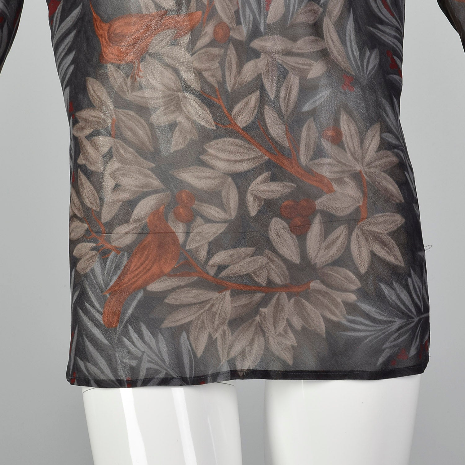 1980s Anne Klein Grey Leaf and Bird Print Blouse