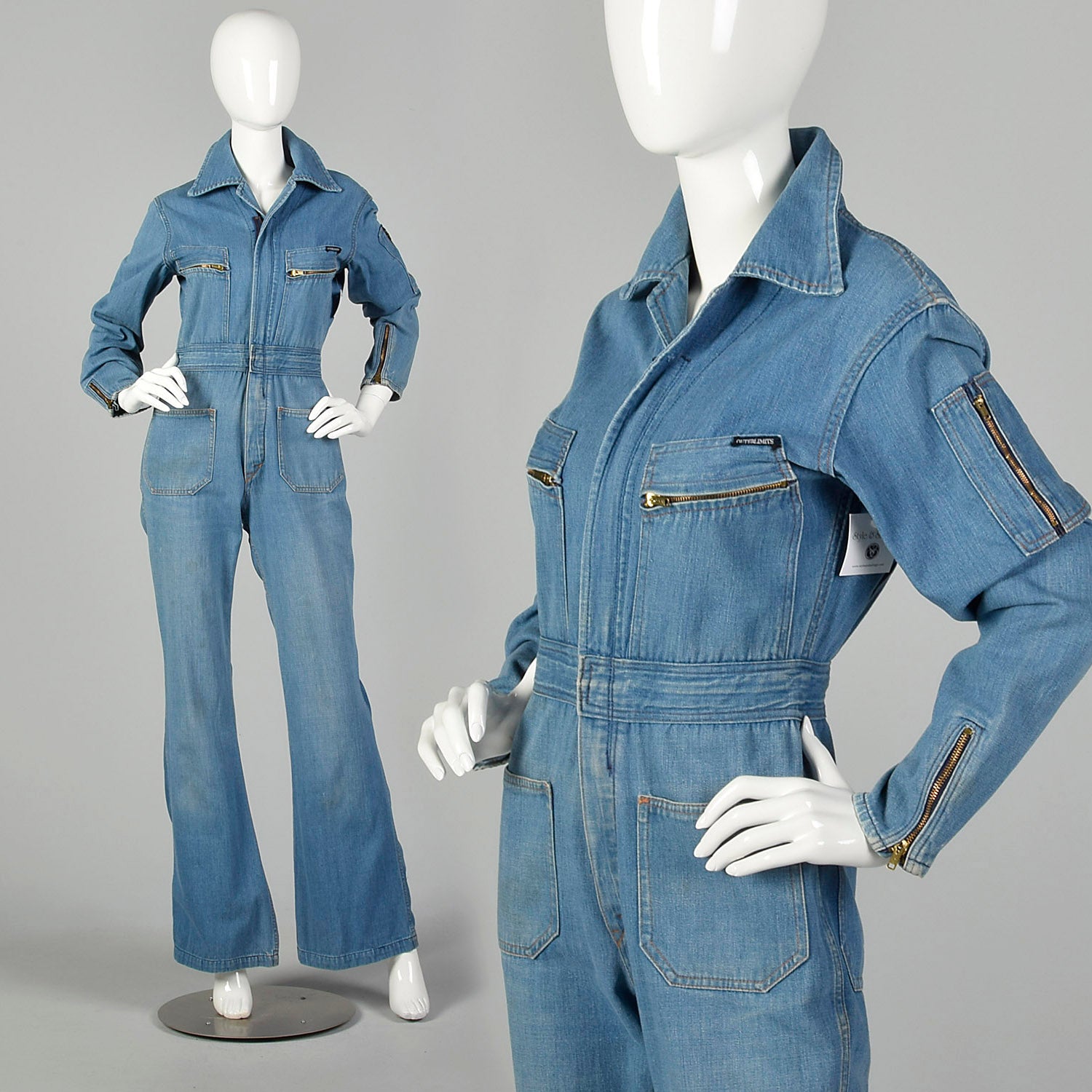 Small 1970s Denim Jumpsuit Long Sleeve Bell Bottoms