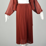 Small Rust Separates 1970s Sheer Blouse Pleated Skirt Low Cut Deep V Neckline Bohemian Set