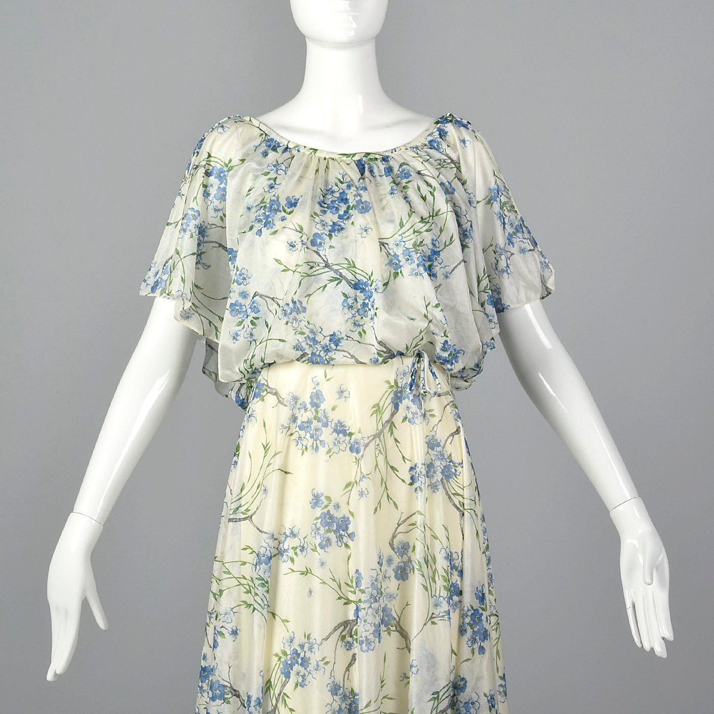 1970s Blue Floral Maxi Dress with Cold Shoulders