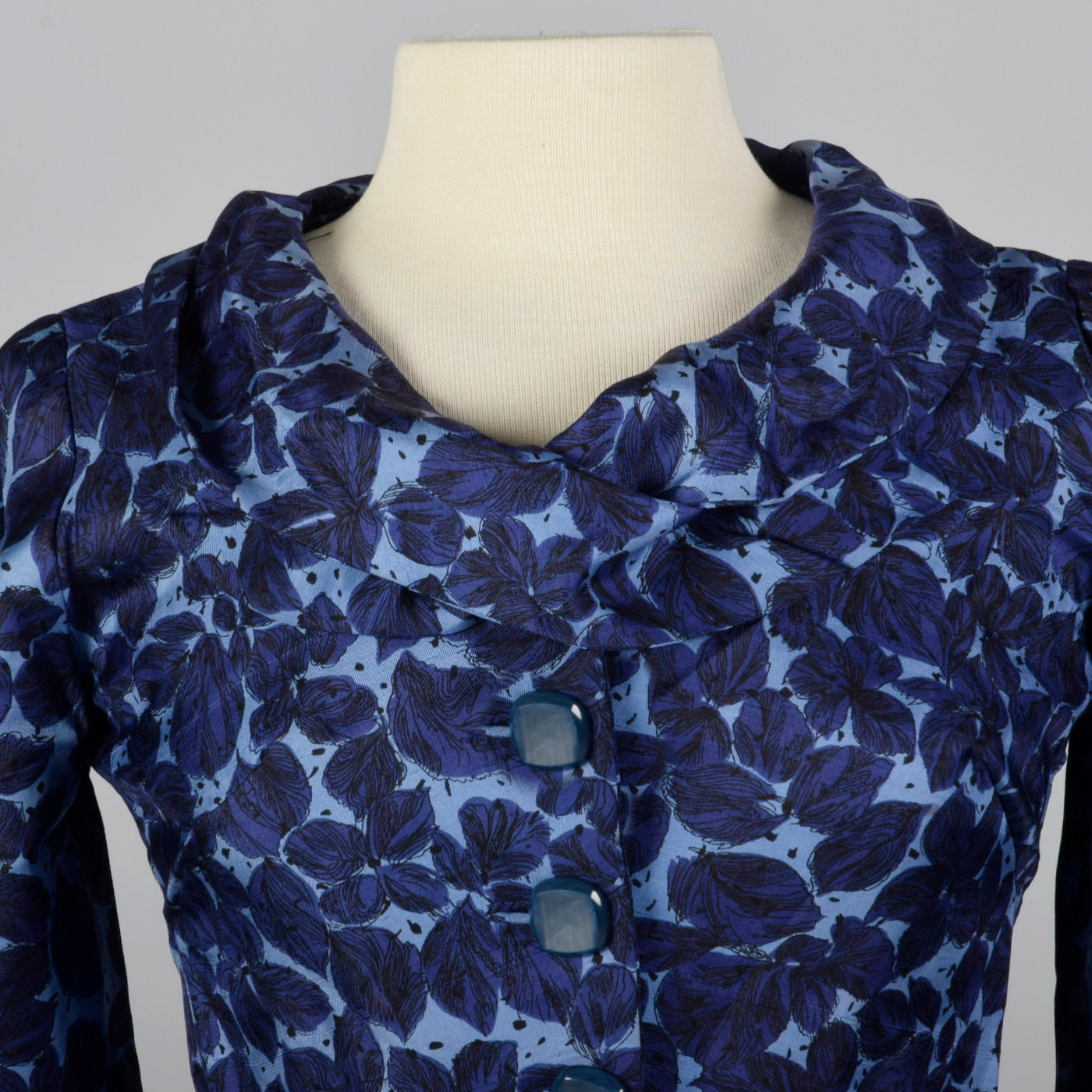 1950s Blue Floral Print Silk Dress