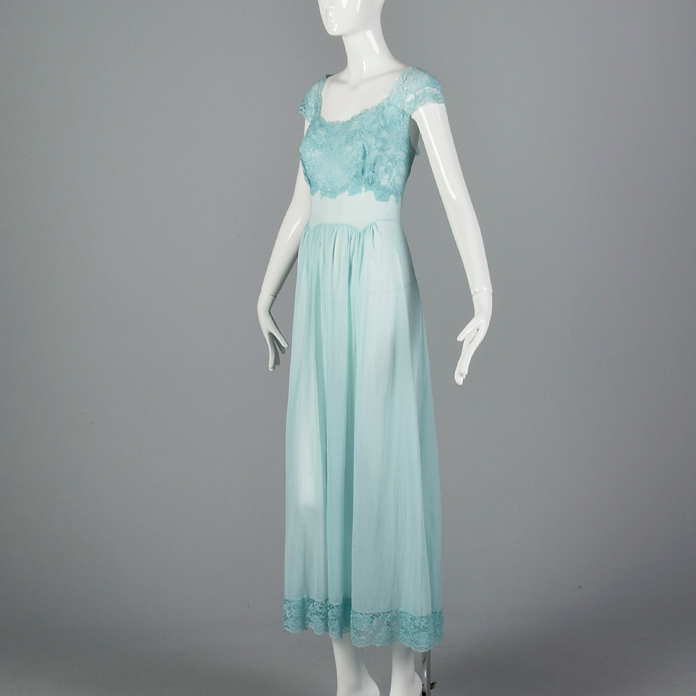 1950s Vanity Fair Blue Nightgown with Lace Shelf Bust