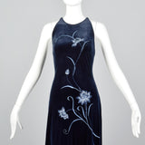 1990s Blue Velvet Evening Dress