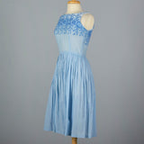 1950s Blue Cotton Day Dress with Embroidered Bodice