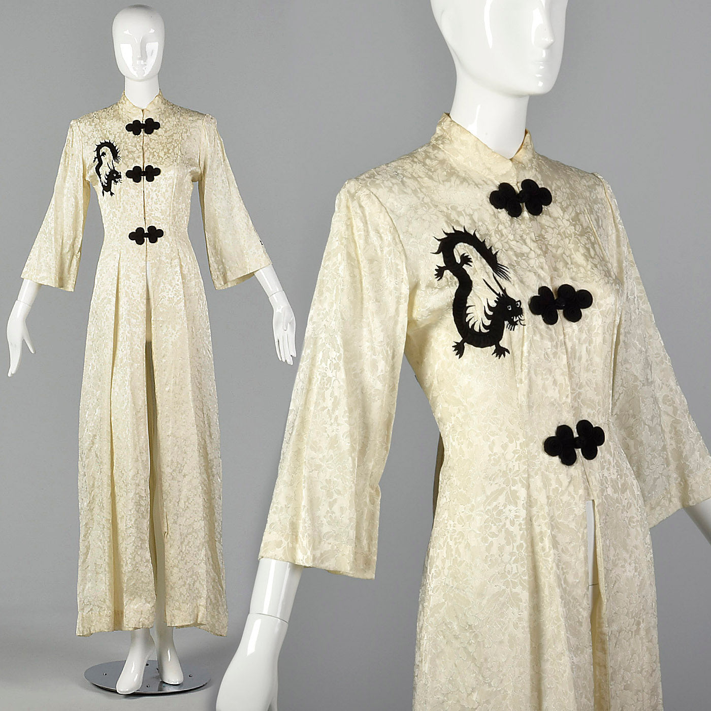 1950s White Brocade Robe with Embroidered Dragon