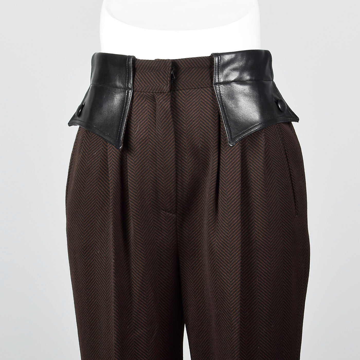 1980 Brown and Black Herringbone Pants with Leather Trim