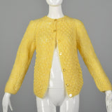 Large 1960s Yellow Sweater Hand Knit In Italy Puff Stitch Cardigan