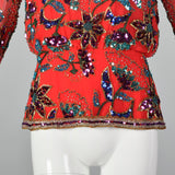 1980s Oleg Cassini Red Silk Beaded Top