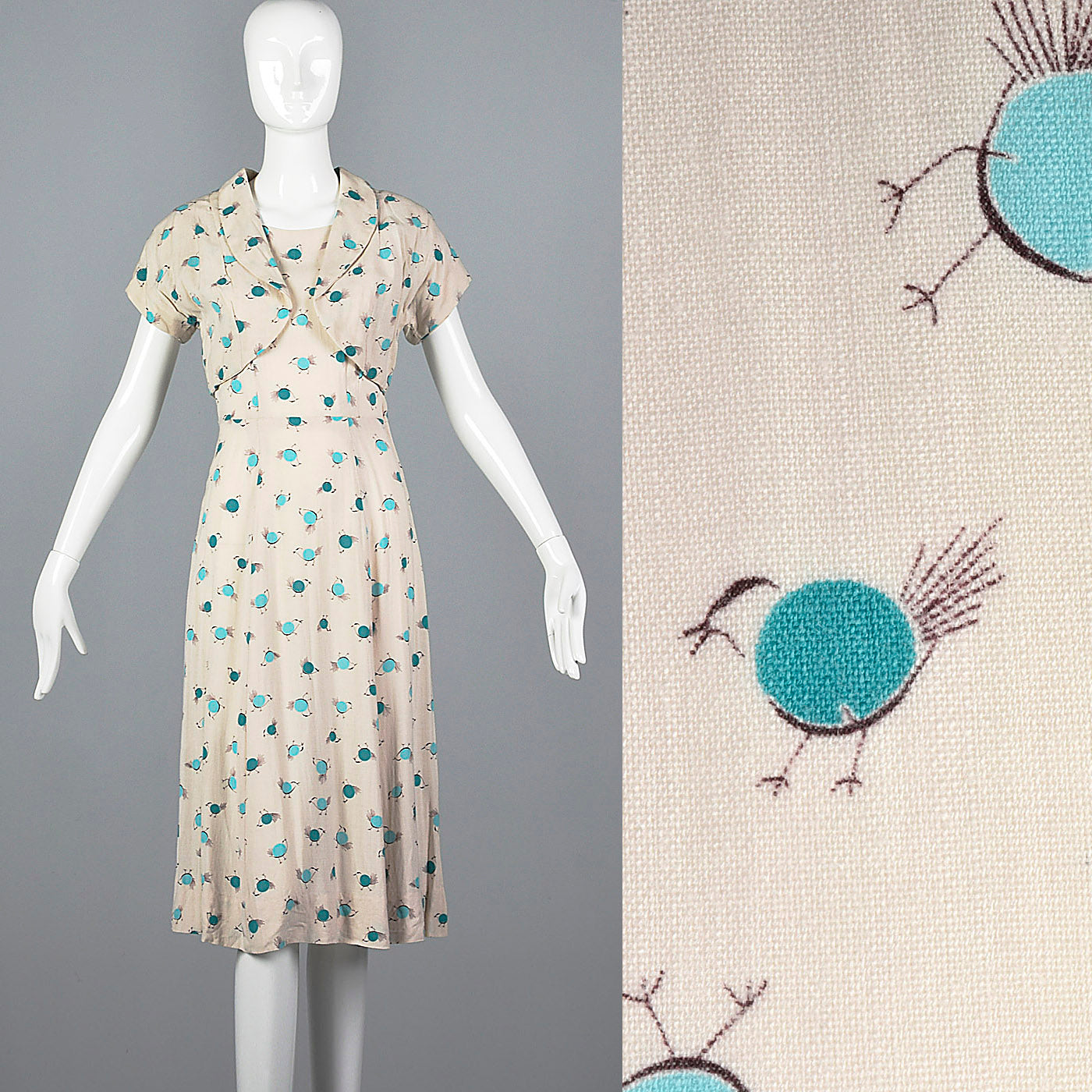 1950s Novelty Print Dress with Abstract Blue Birds