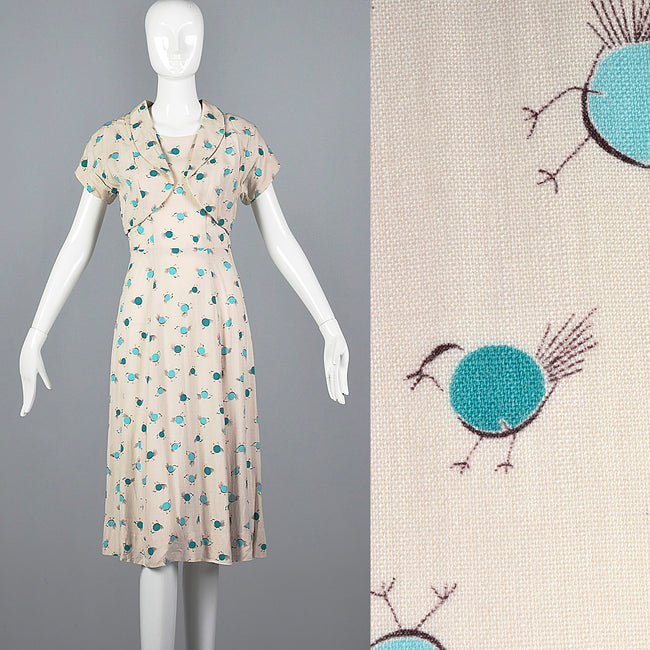1950s Novelty Print Dress with Abstract Blue Birds