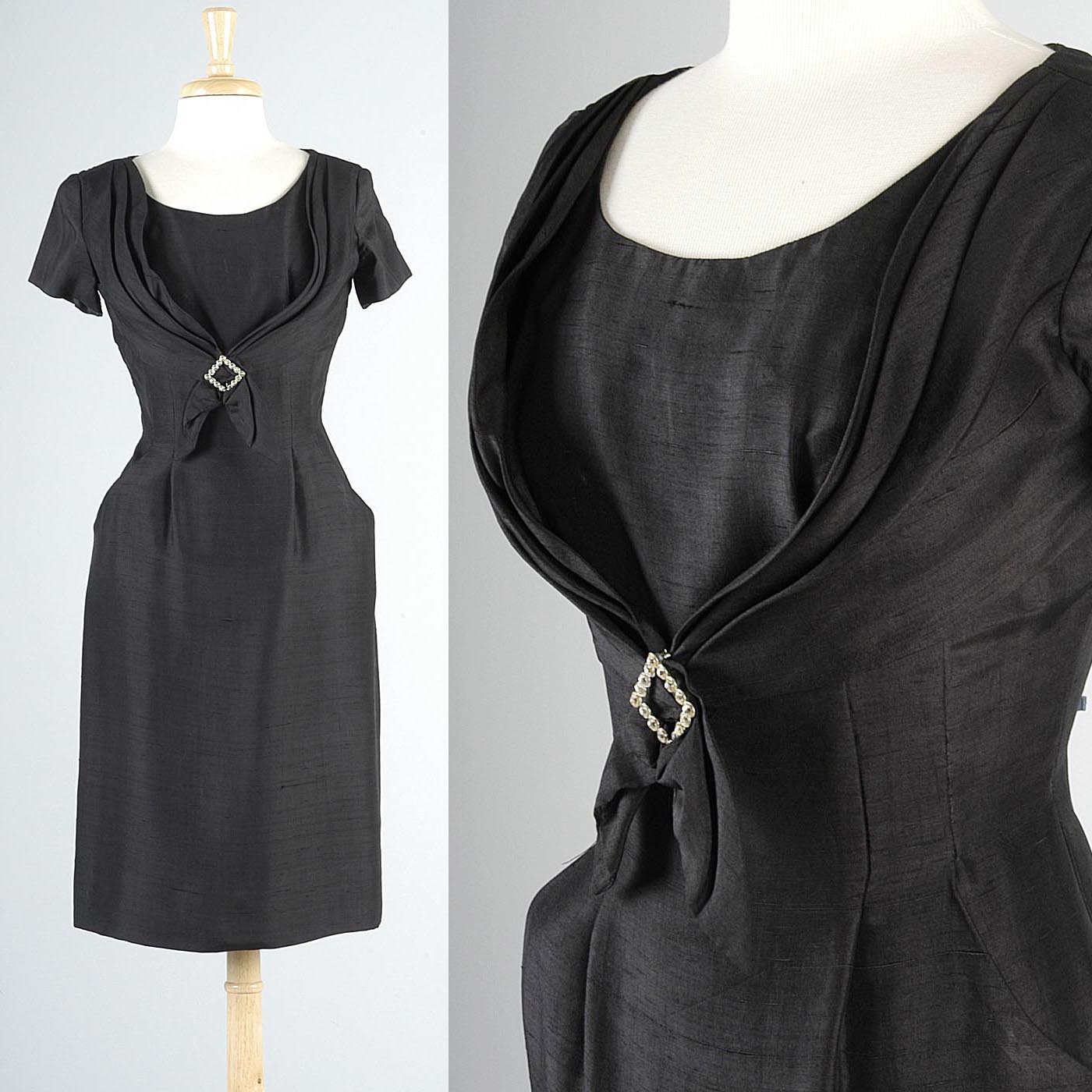 1950s Black Silk Cocktail Dress with Fitted Waist