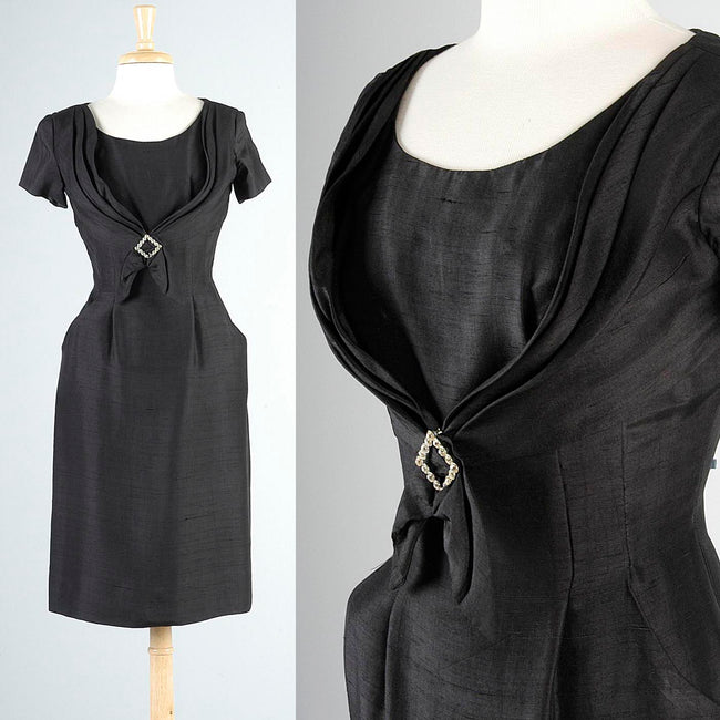 1950s Black Silk Cocktail Dress with Fitted Waist