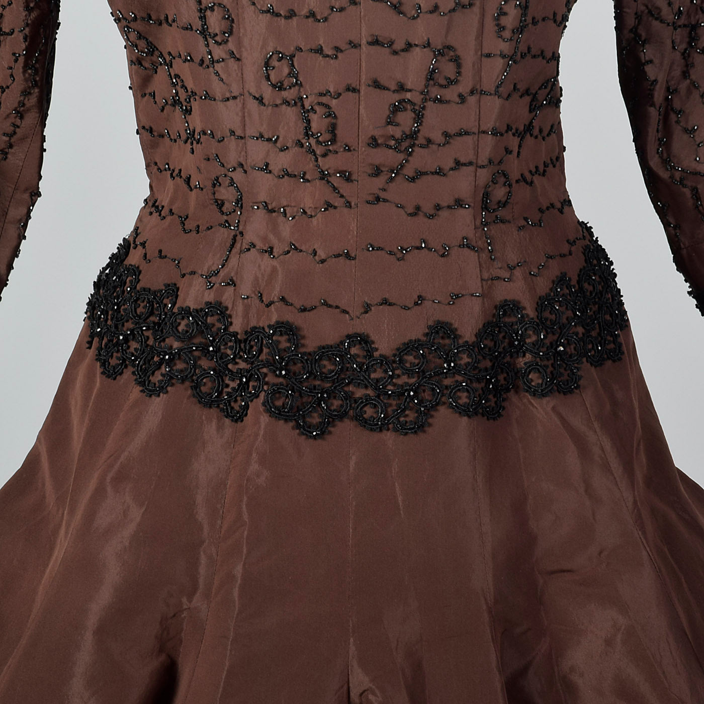 1950s Brown Taffeta Dress with Black Beading