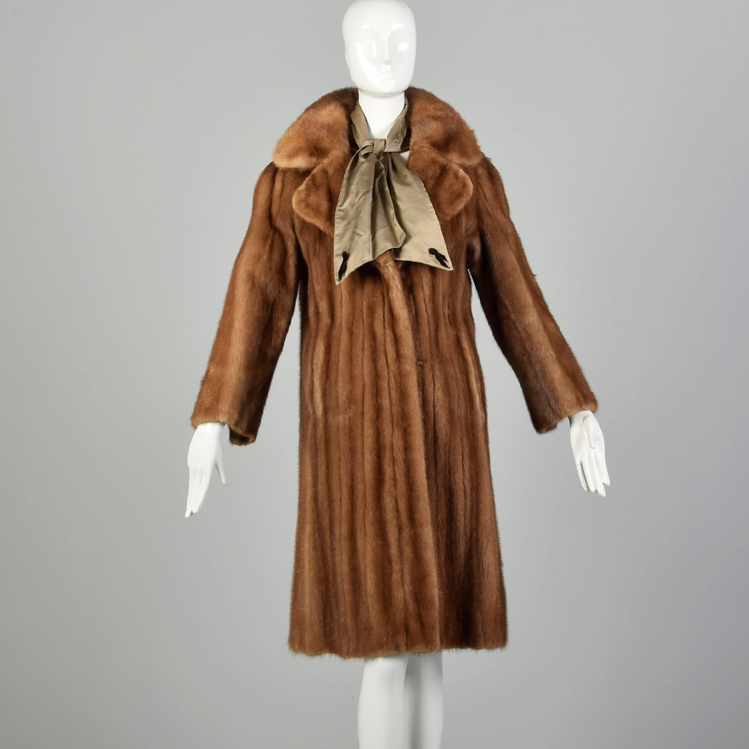 Small 1950s Real Fur Mink Swing Coat Attached Silk Scarf Mid Length