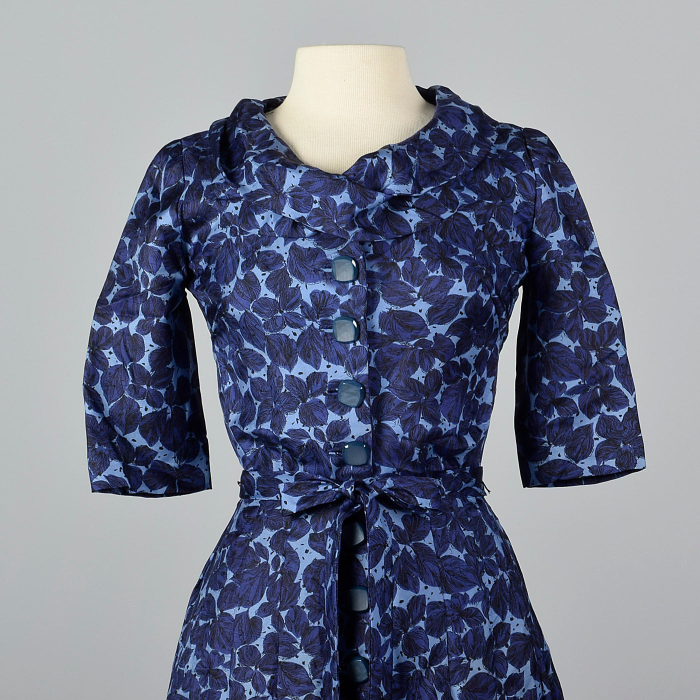 1950s Blue Floral Print Silk Dress