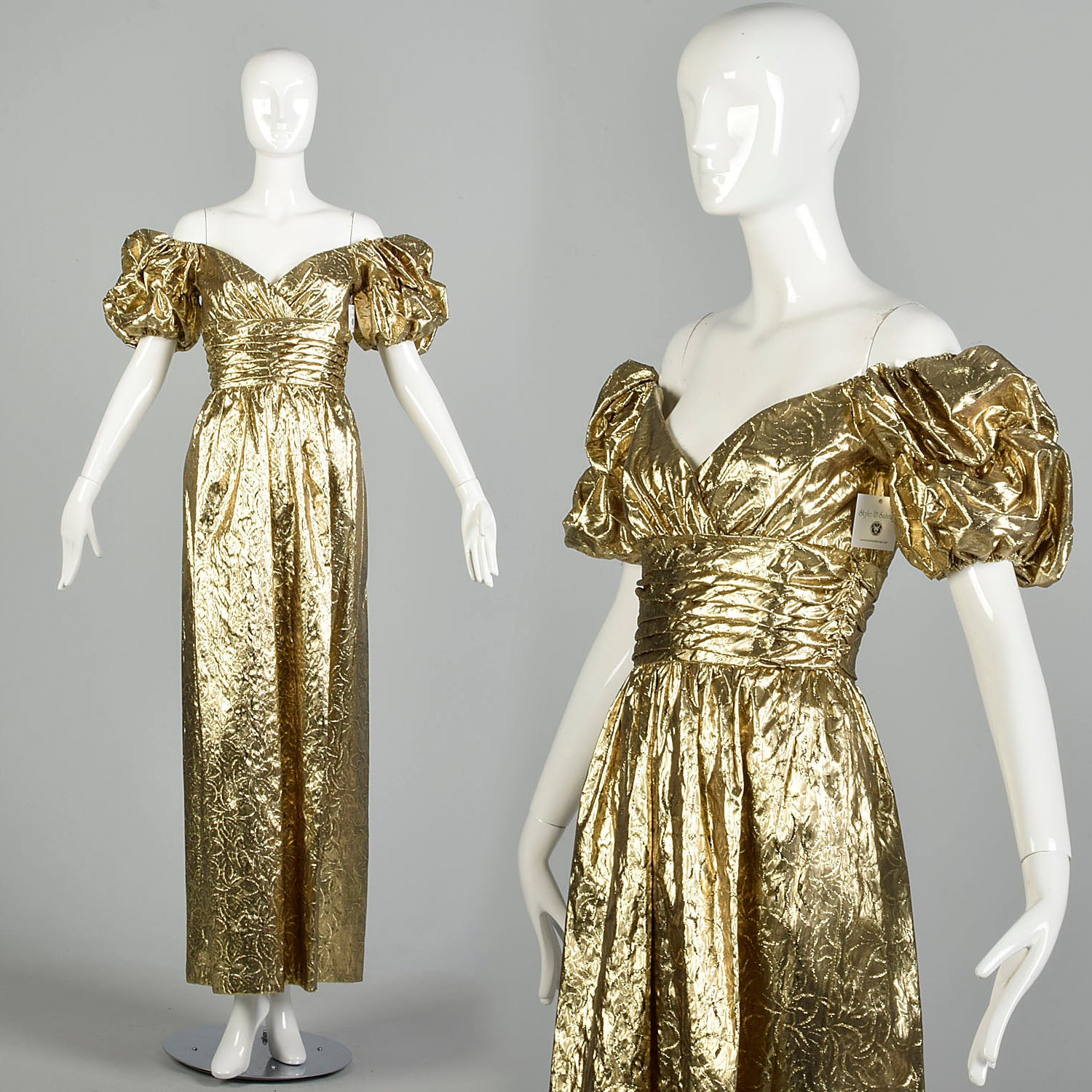 XS 1980s Mike Benet Gold Prom Dress Lamé Evening Gown Metallic Formal