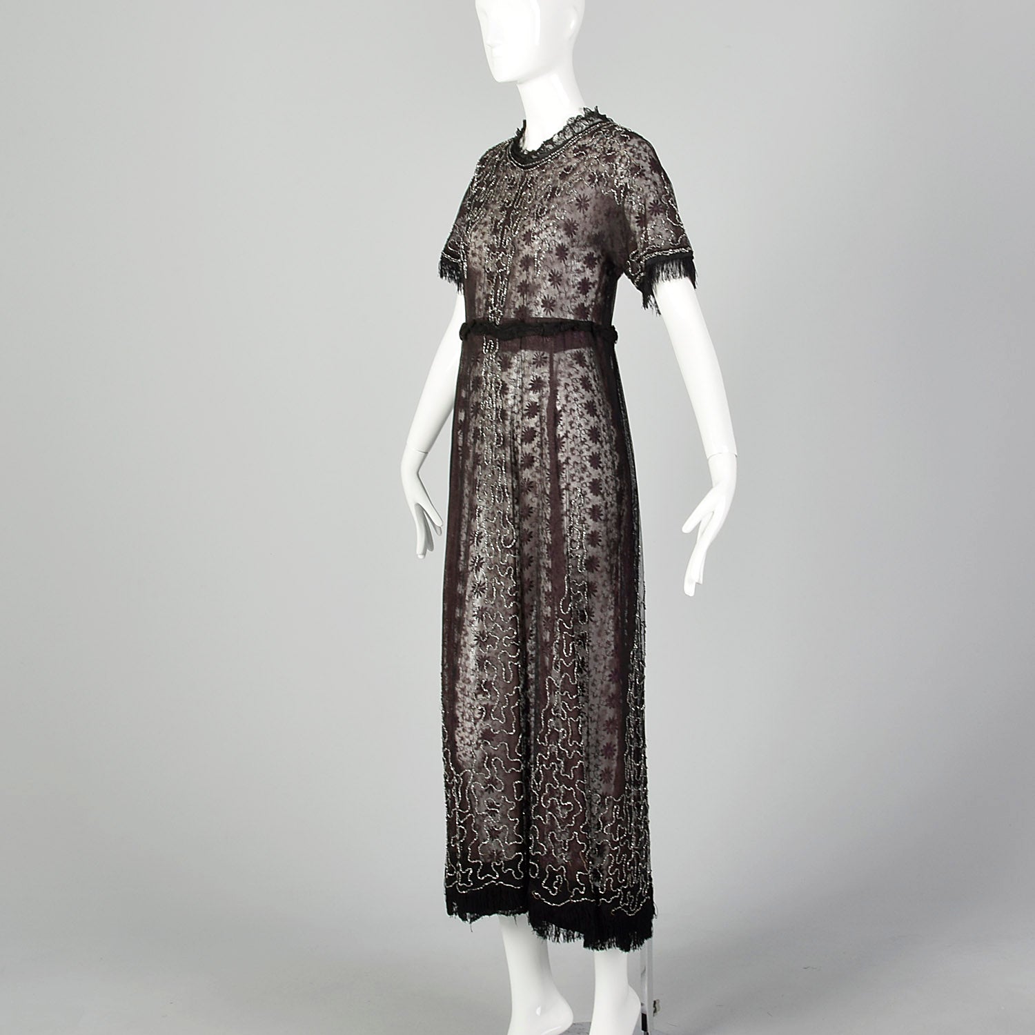 XS-Small 1910s Black Lace Overlay Beaded Dress