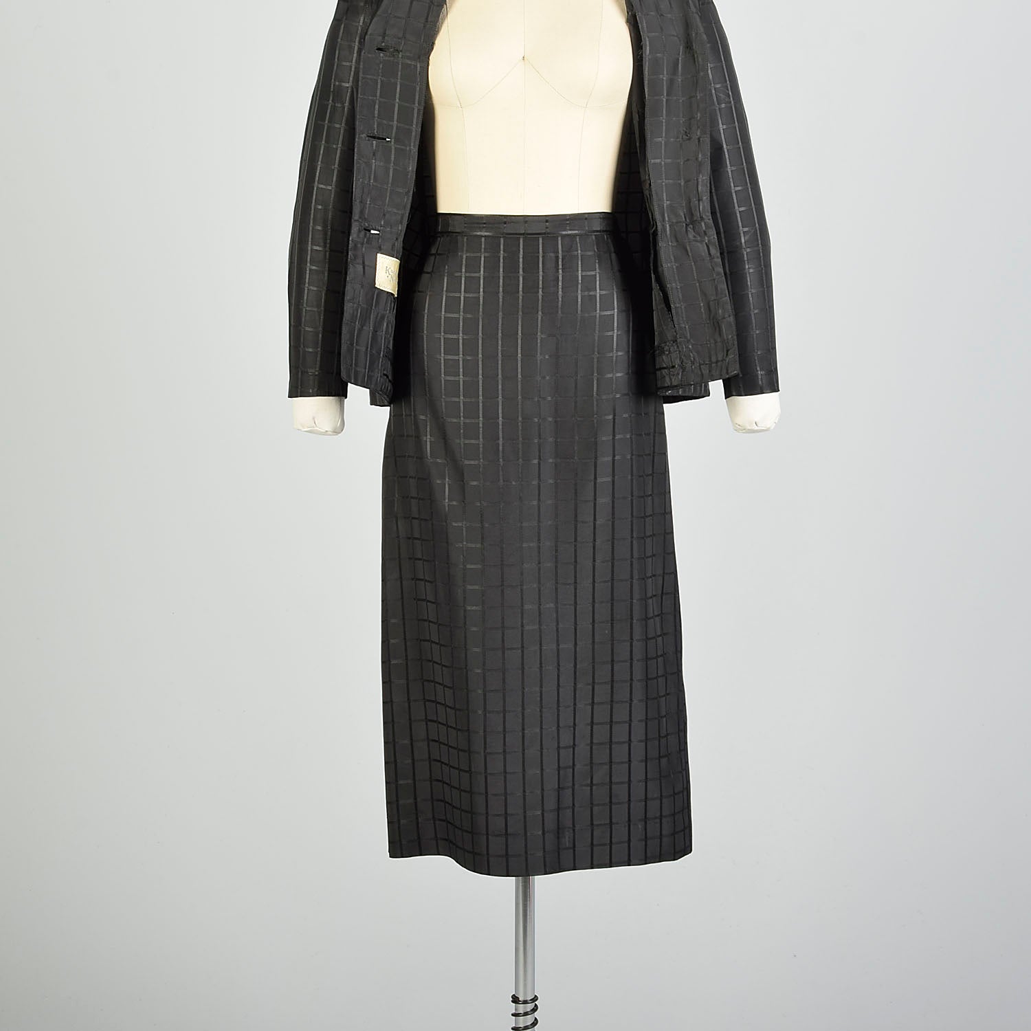 Small 1950s Femme Fatale Suit Bombshell Jacket Skirt Set Black Window Pane Taffeta Hourglass Suit