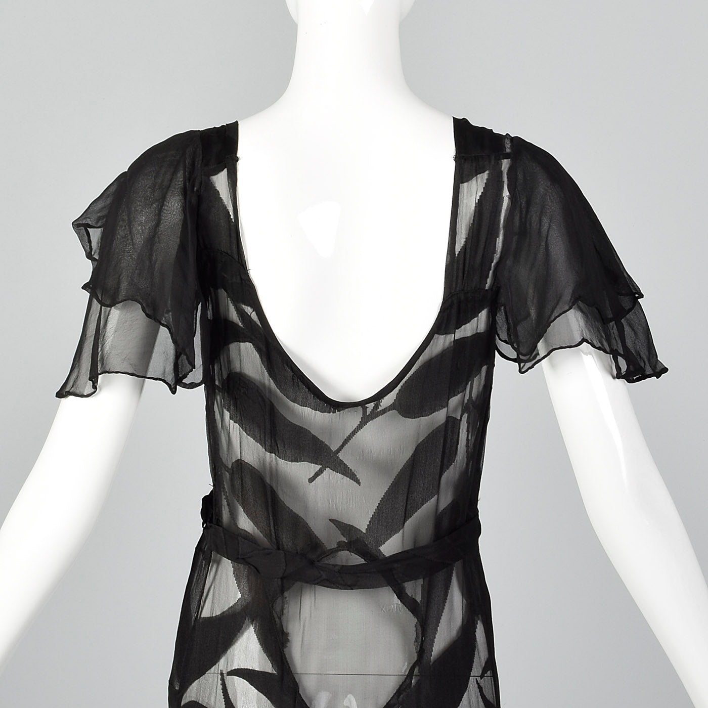 1930s Sheer Black Silk Dress with Abstract Leaf Design