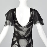 1930s Sheer Black Silk Dress with Abstract Leaf Design