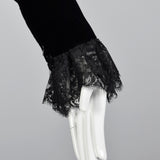 1970s Richilene Black Velvet Evening Dress with Lace Trim