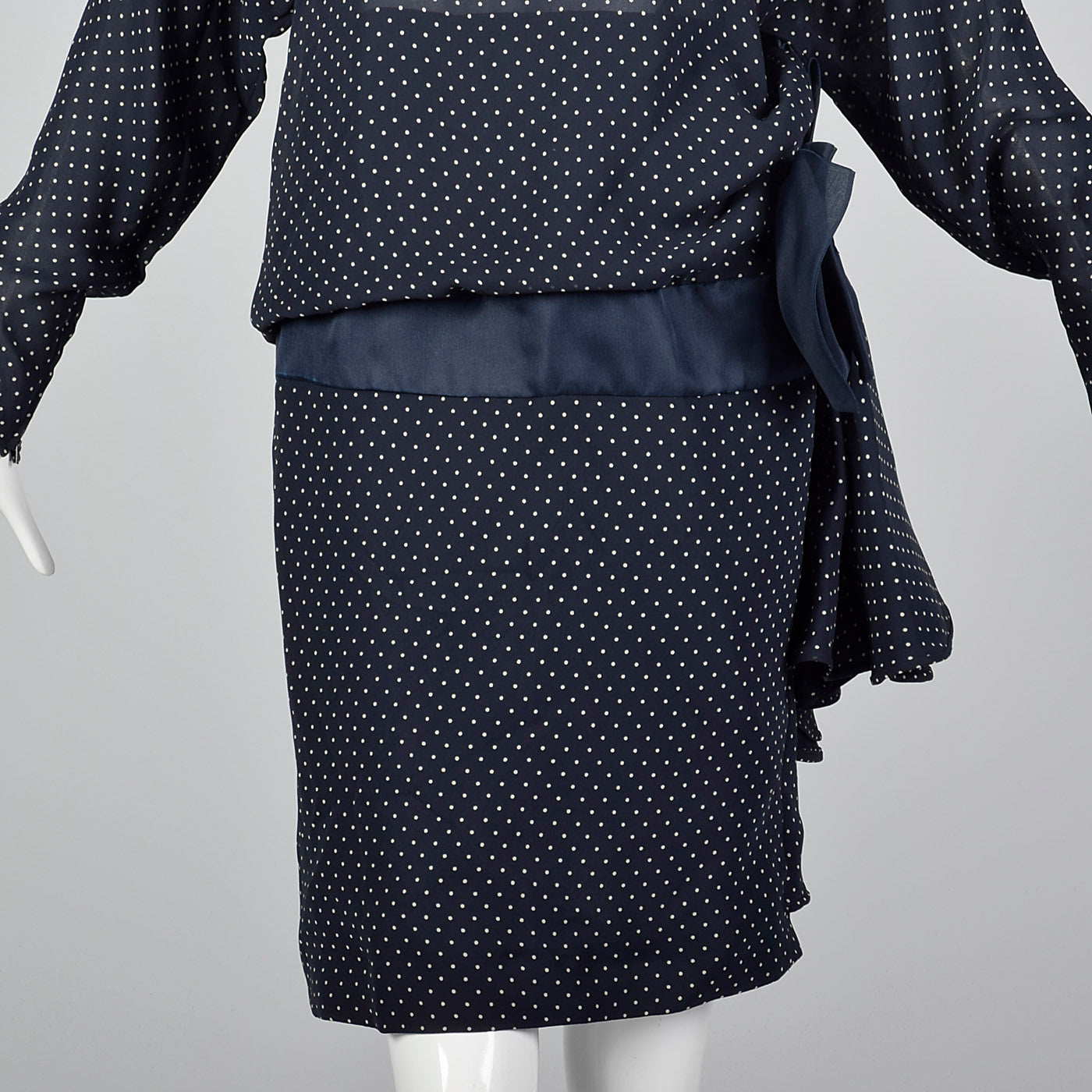 1980s Valentino Night Navy Silk Dress with Swiss Dot Print