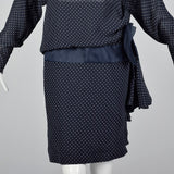 1980s Valentino Night Navy Silk Dress with Swiss Dot Print