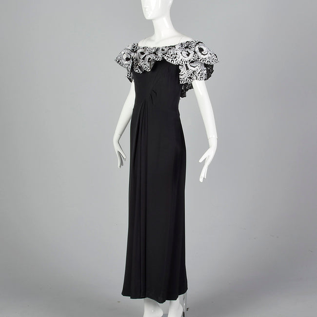 Bob Mackie Off Shoulder Full Length Black Pencil Dress with Raffia Trim
