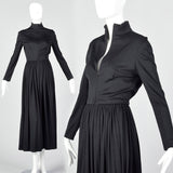 Small 1970s Black Zip Front Maxi Dress
