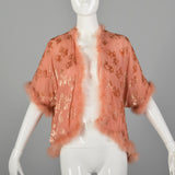 OSFM 1920s Pink Silk Devoré  Marabou Feather Trim Bed Jacket