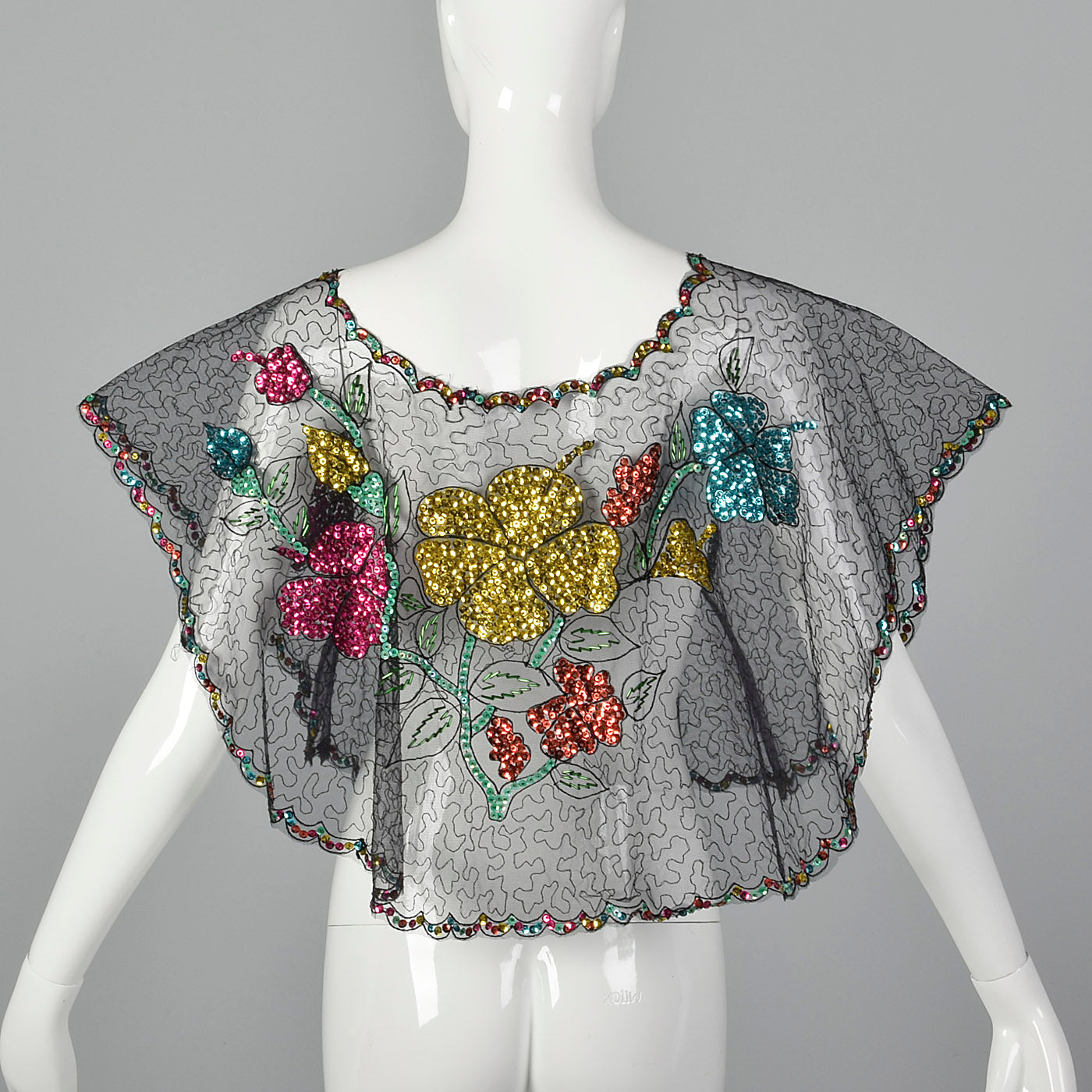 1960s Mexican Sheer Poncho with Floral Sequin Design