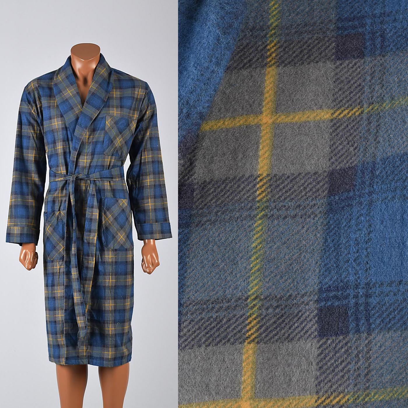 1960s Mens Deadstock Flannel Robe in Blue and Green Plaid