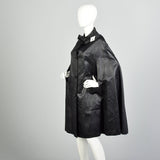 OSFM 1970s Black Animal Print Cape Goth Cloak Attached Neck Tie Vegan Leather