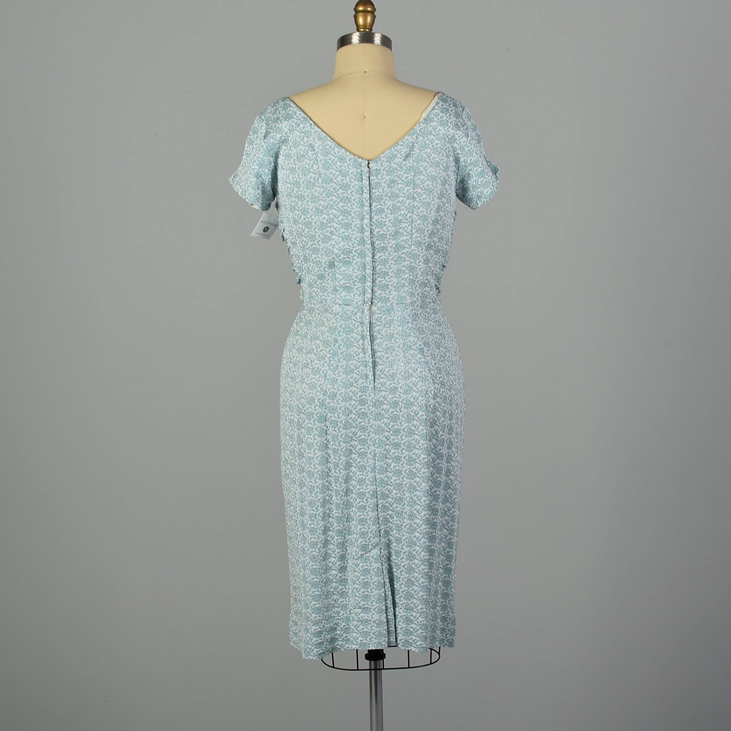 Small 1960s Blue and White Lurex Floral Print Knit Dress