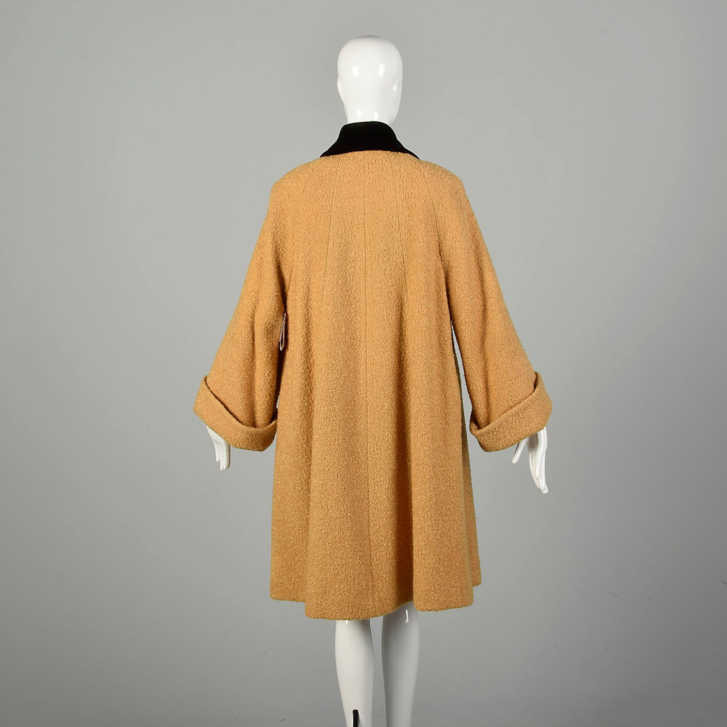 Large 1950s Swing Coat Mustard Yellow Boucle Wool Wind Cuffs Wide Sleeves Velvet Collar