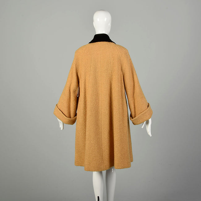 Large 1950s Swing Coat Mustard Yellow Boucle Wool Wind Cuffs Wide Sleeves Velvet Collar