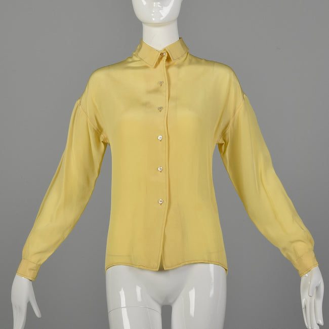 Medium 1950s Pale Yellow Silk Blouse