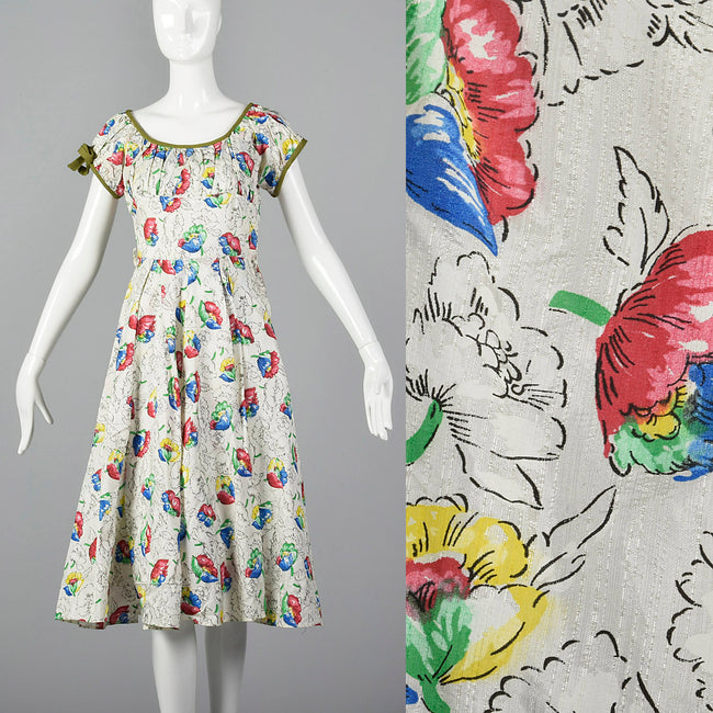 1950s White Summer Dress with Floral Print