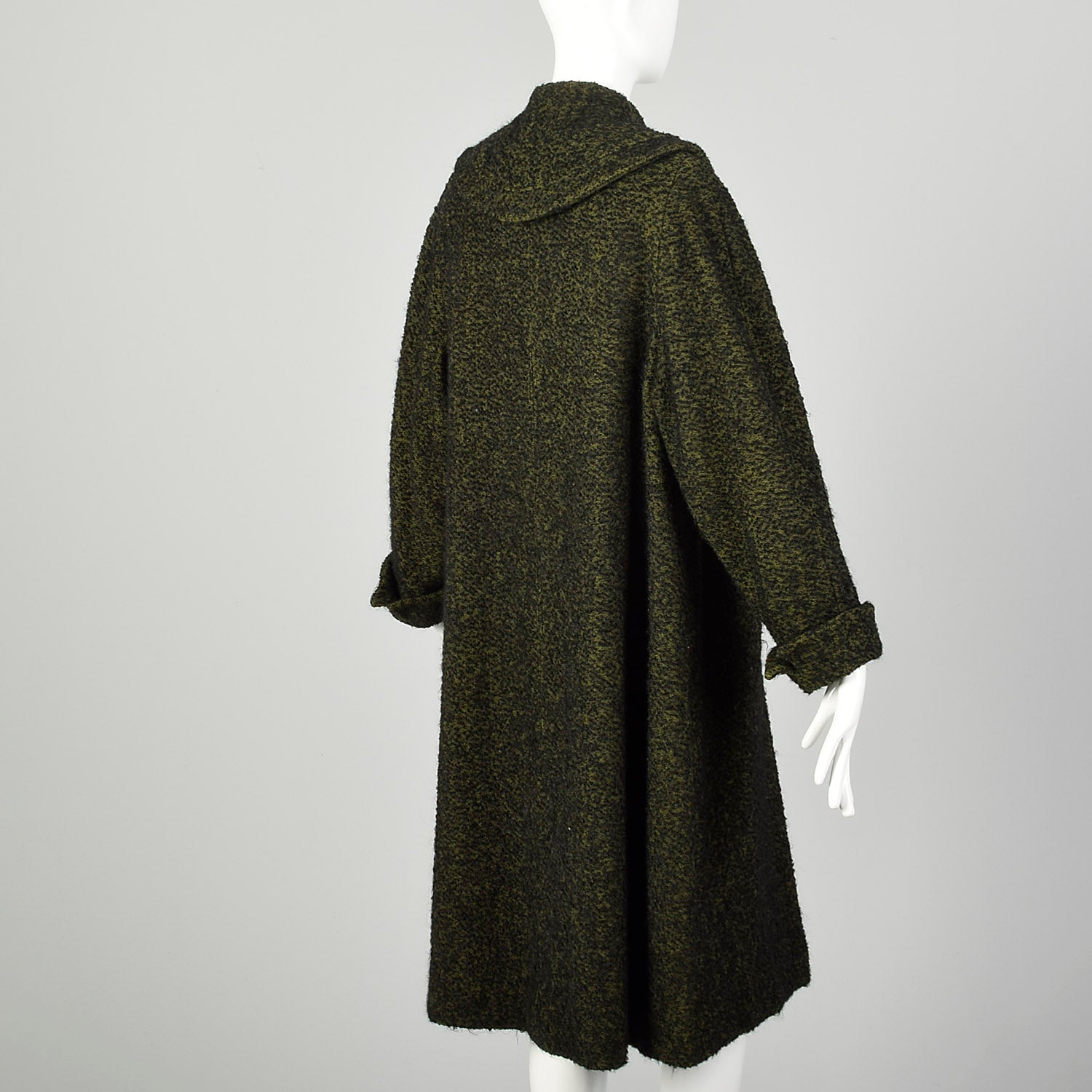 Large 1950s Swing Coat Green Boucle Wool Tweed Shawl Collar Vintage Winter Outerwear