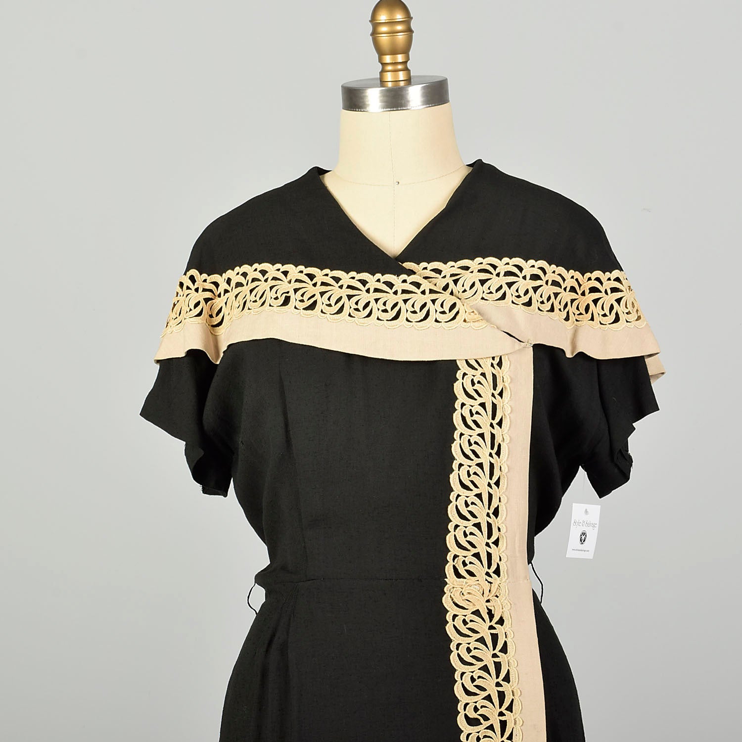 Large 1950s Wrap Dress Asymmetric Cape Collar Black Cream Applique