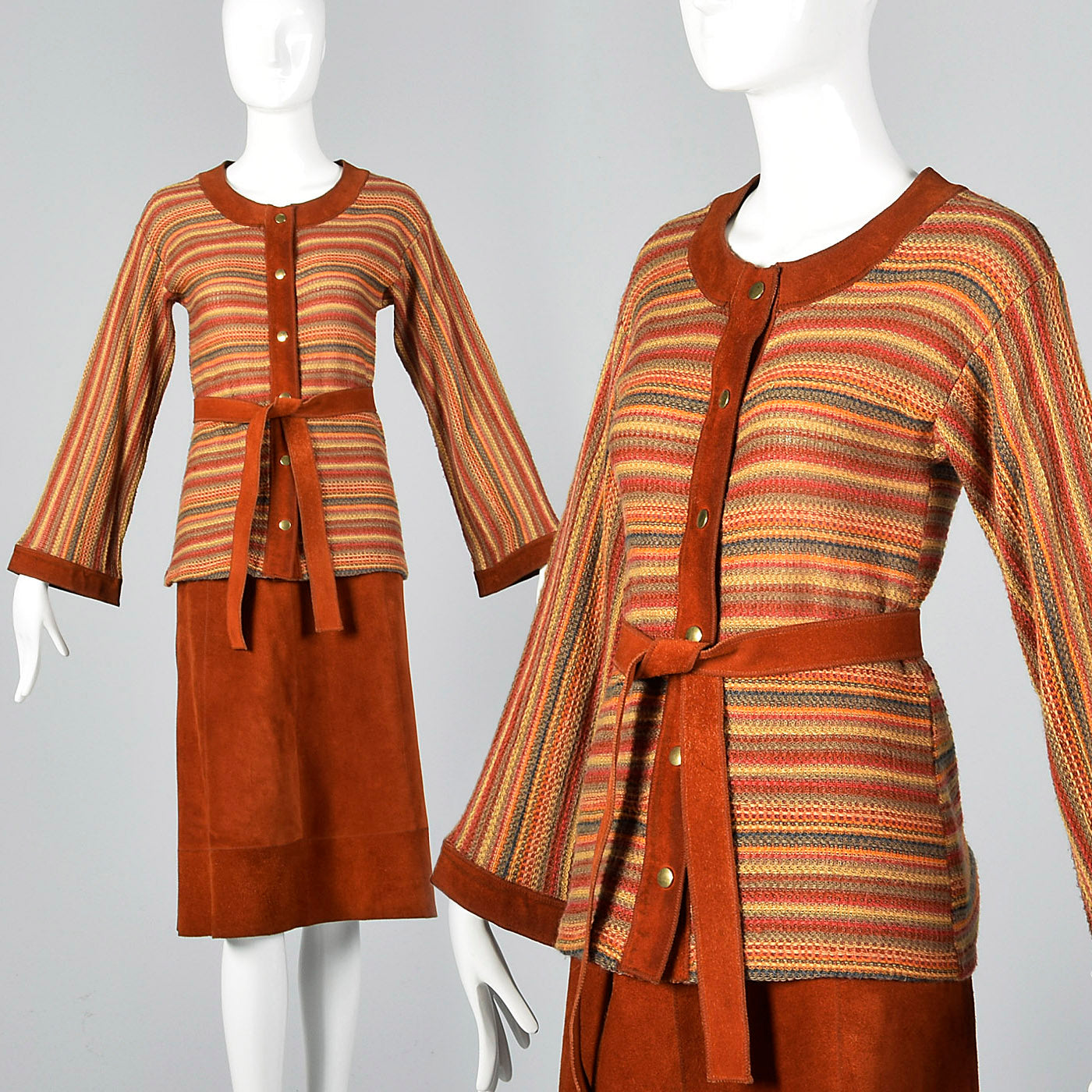 1960s Pierre Cardin Bohemian Separates Leather Skirt & Cardigan Sweater