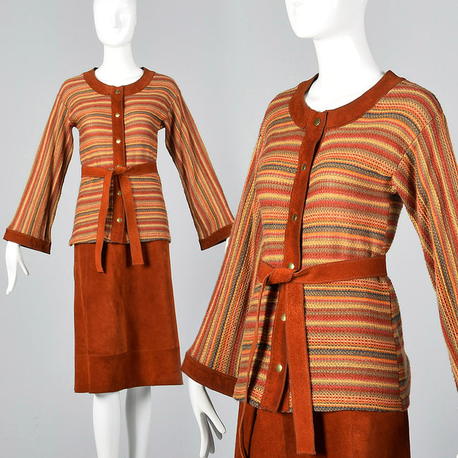 1960s Pierre Cardin Bohemian Separates Leather Skirt & Cardigan Sweater