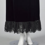 1970s Richilene Black Velvet Evening Dress with Lace Trim