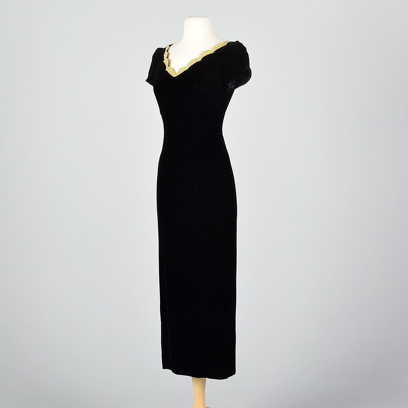 1950s Black Velvet Wiggle Dress with Gold Trim Collar