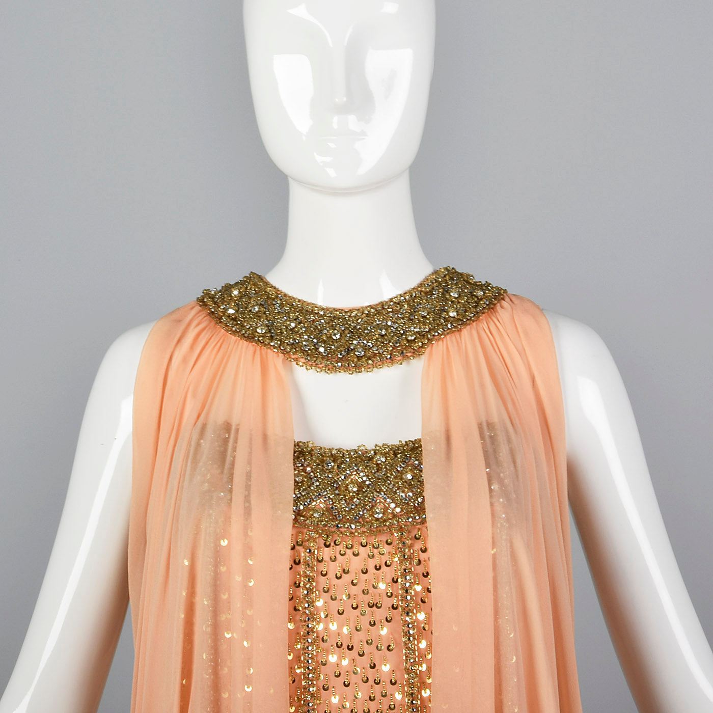 1960s Victoria Royal Beaded Gown with Silk Chiffon Cape