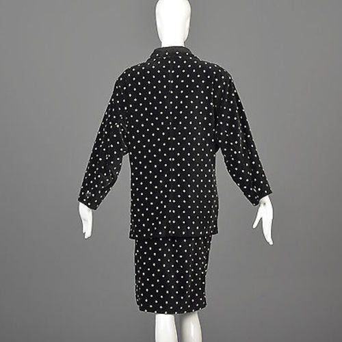 1980s Gianni Versace Skirt Oversized Blazer & Wrap Skirt in Black Velvet with White Polkadots