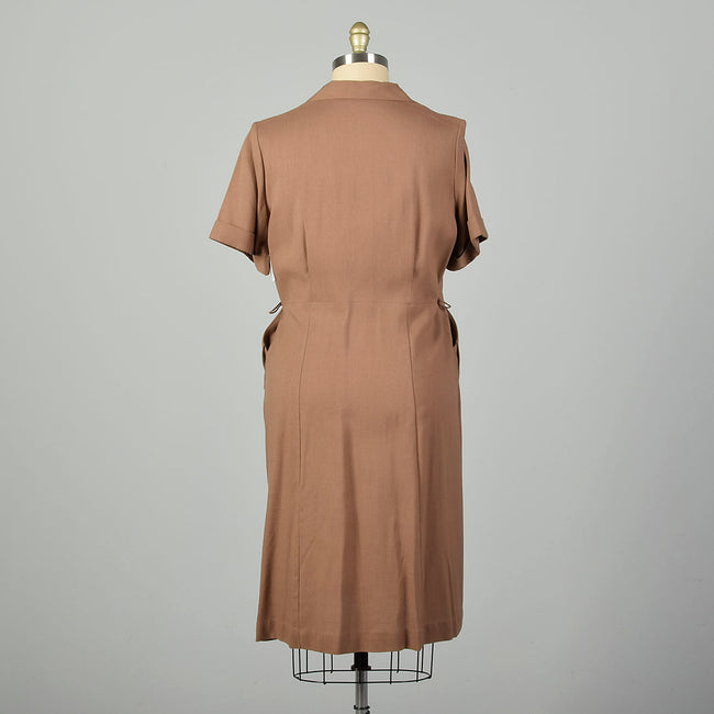 3XL 1950s Brown Day Dress Zip Front Short Sleeve Casual Volup